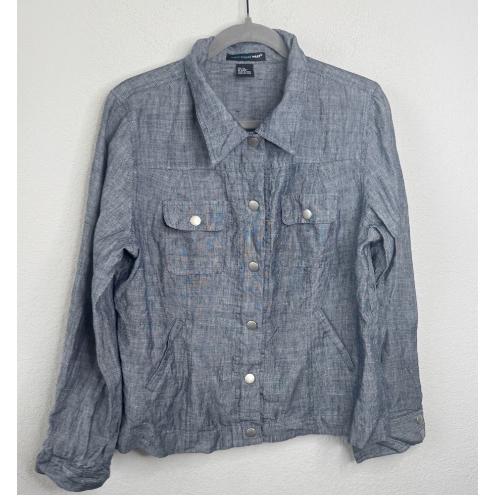 Saint Tropez West 100% Linen Snap Front Overshirt Jacket Sz XL Gray Coastal
